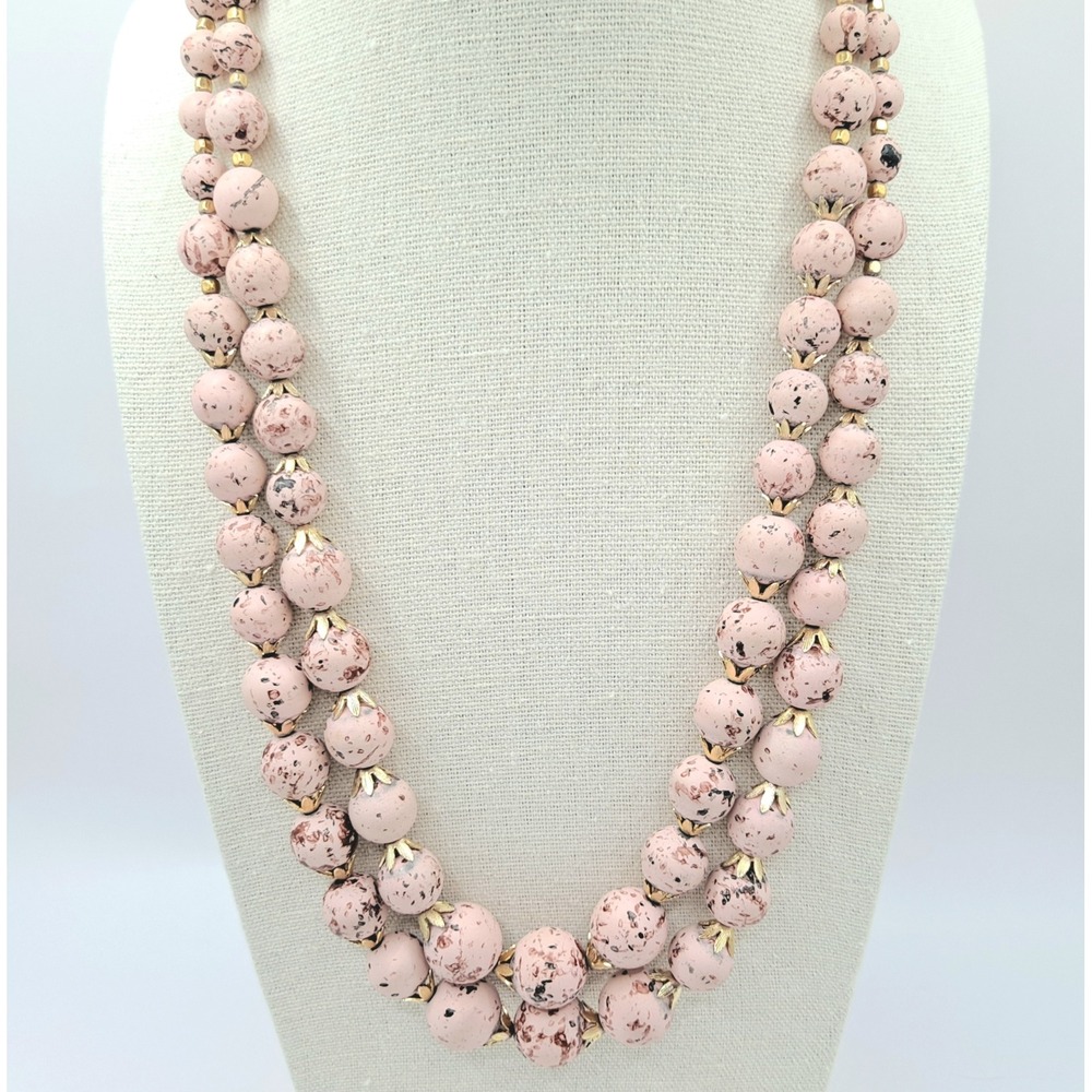 Vintage Speckled Bead Necklace Gold-Tone Pink Double Strand Graduated Hong Kong - Picture 5 of 11